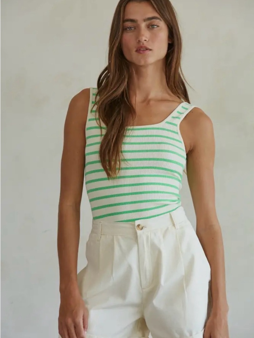 By Together White & Green Striped Ribbed Tank Bodysuit